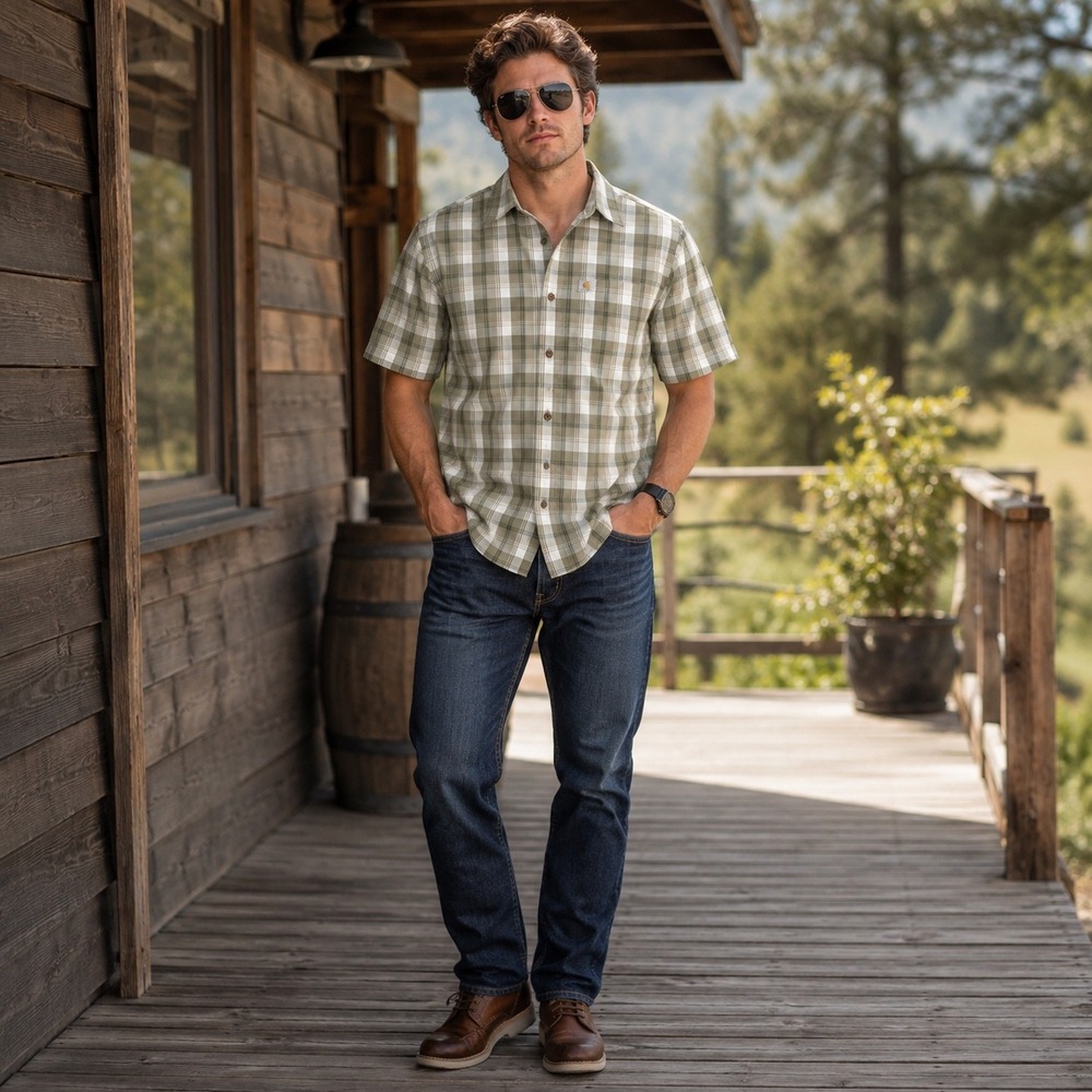 Carhartt Mens Relaxed Fit Plaid Short Sleeve Button Down Shirt Olive XL 102535